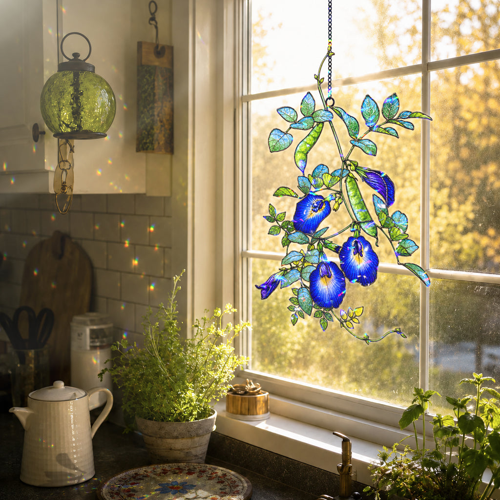Blue Butterfly Pea Flower Vine Holographic Acrylic Suncatcher