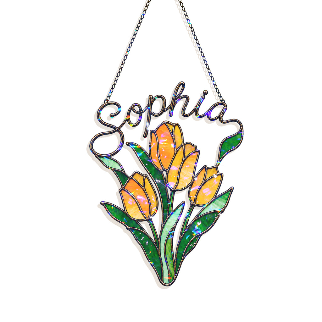 Personalized Yellow Tulip Bouquet Holographic Acrylic Suncatcher