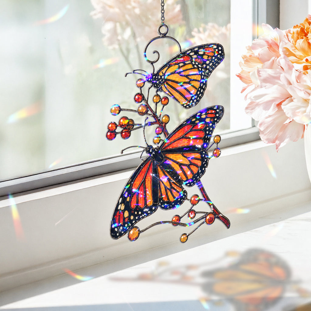 Monarch Butterflies & Berry Branch Holographic Acrylic Suncatcher