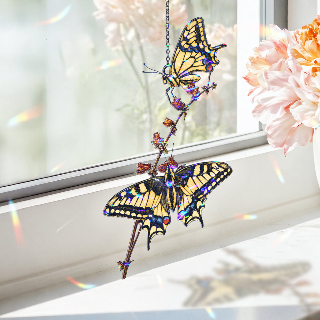 Two Swallowtail Butterflies on Blossom Branch Holographic Acrylic Suncatcher