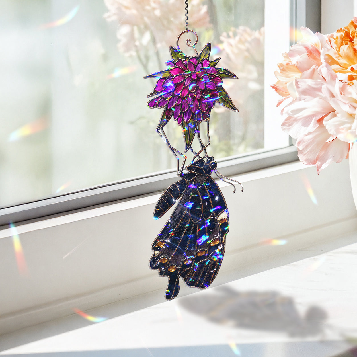 Black Swallowtail & Purple Dahlia Holographic Acrylic Suncatcher
