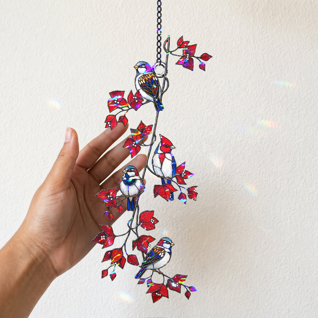 Sparrows & Cardinal on Red Leaf Vine Holographic Acrylic Suncatcher