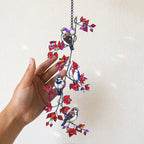 Sparrows & Cardinal on Red Leaf Vine Holographic Acrylic Suncatcher