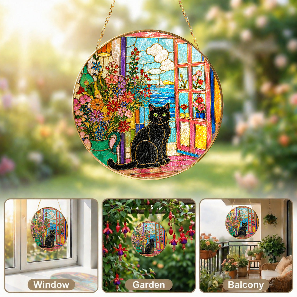 Black cat window stained glass suncatcher shown with its hanging chain