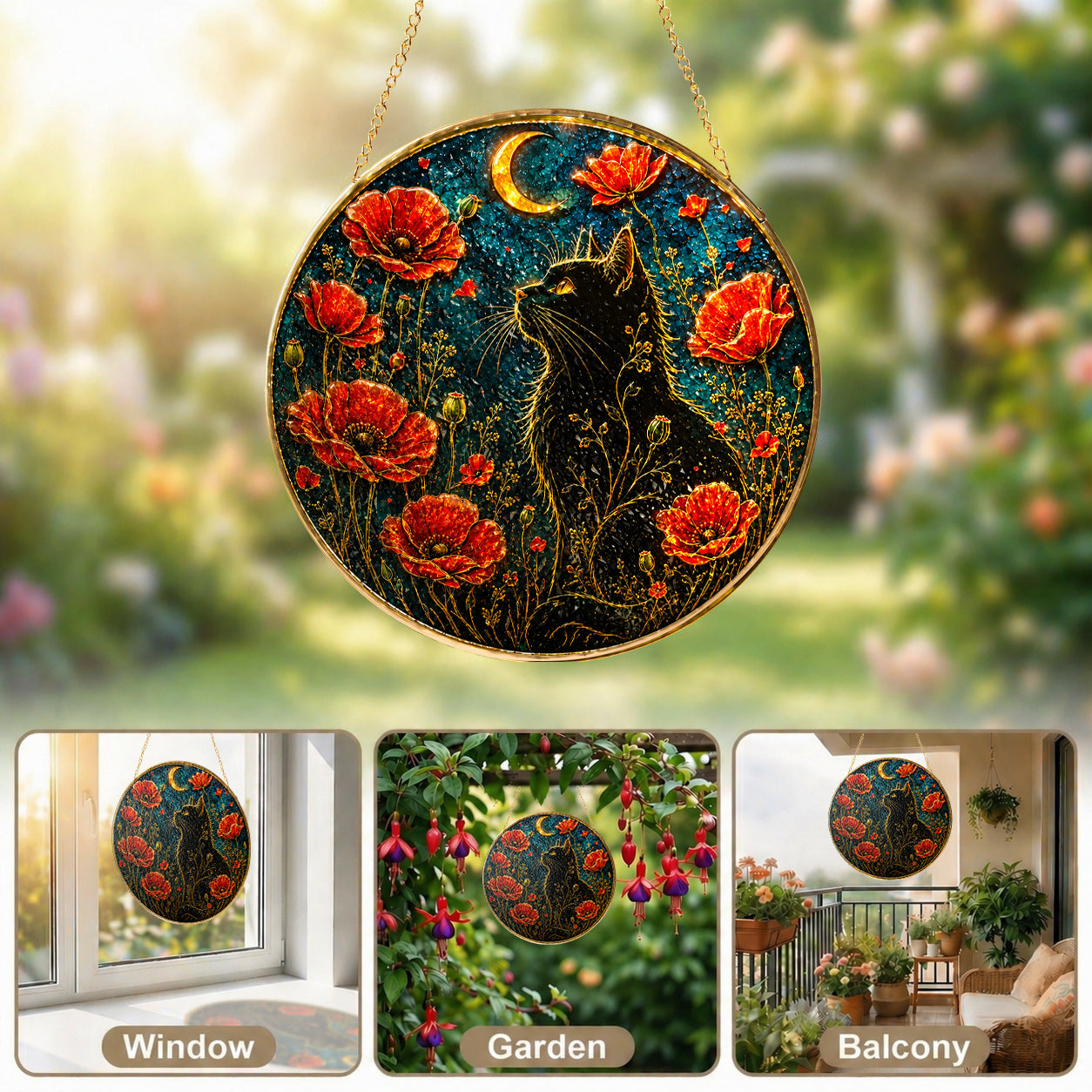 Black cat and red poppies stained glass suncatcher shown with its hanging chain