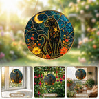 Black cat crescent moon stained glass suncatcher shown with its hanging chain