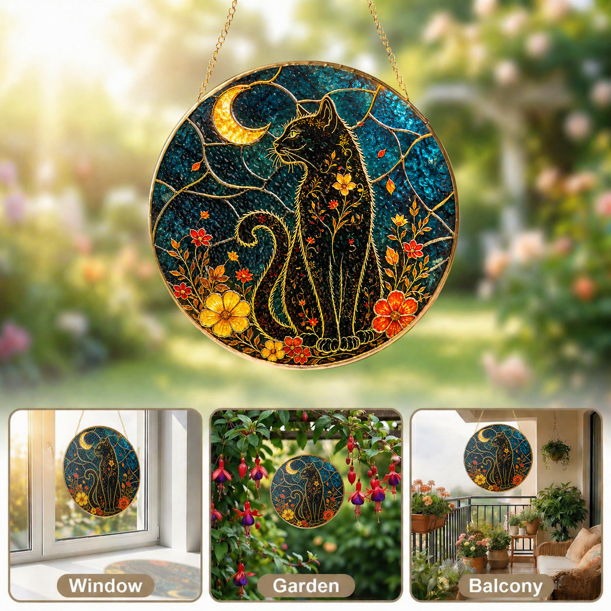 Black cat crescent moon stained glass suncatcher shown with its hanging chain