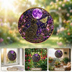 Celestial cat and purple moon stained glass suncatcher shown with its hanging chain