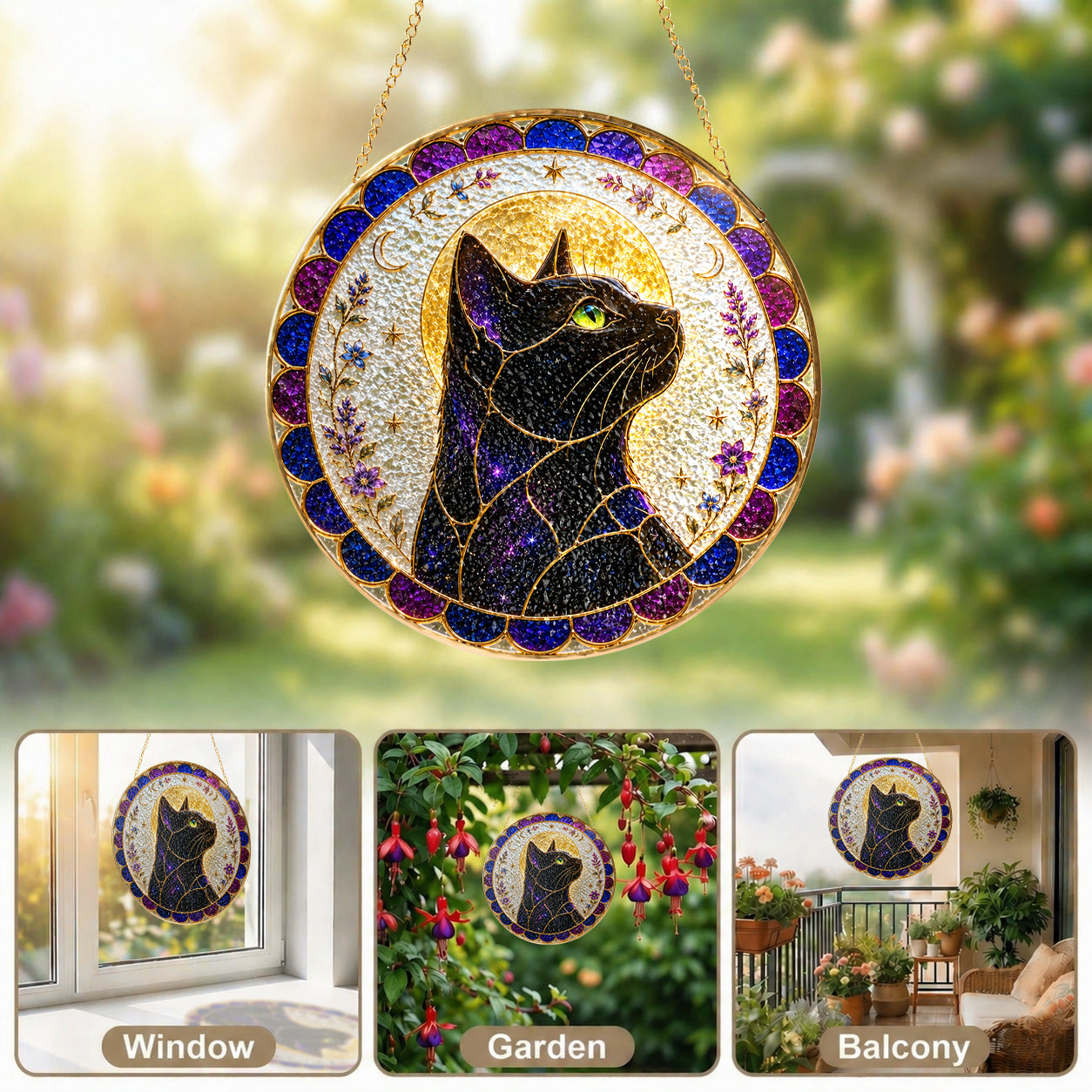 Mystical cat moon mandala stained glass suncatcher shown with its hanging chain