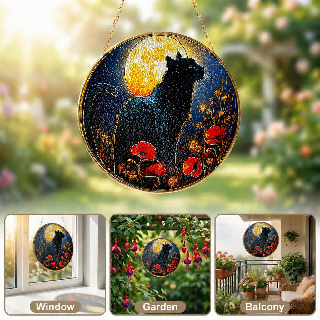 Black cat full moon stained glass suncatcher shown with its hanging chain