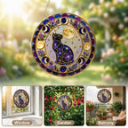 Galaxy cat moon phases stained glass suncatcher shown with its hanging chain