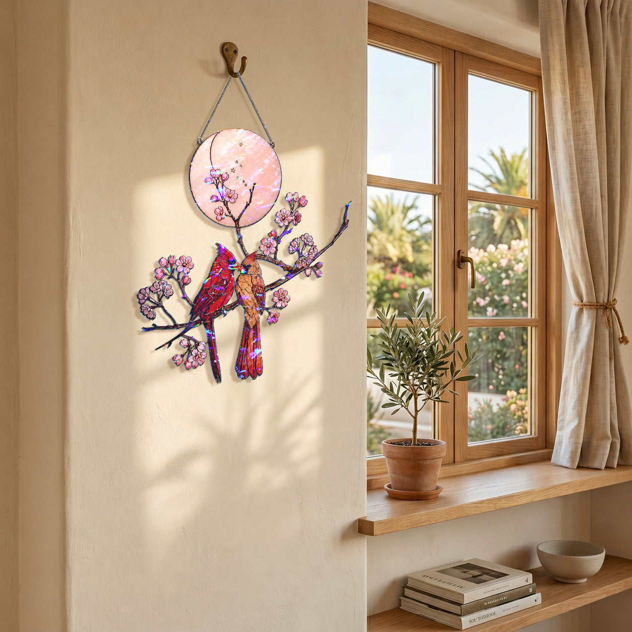 Cardinal Couple & Cherry Blossom Moon Holographic Acrylic Suncatcher