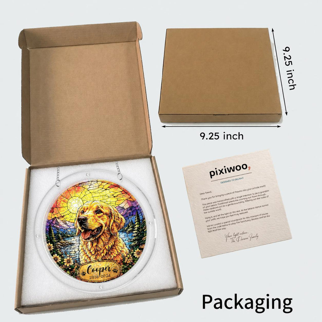 Golden retriever memorial puzzle suncatcher shown in its kraft gift box