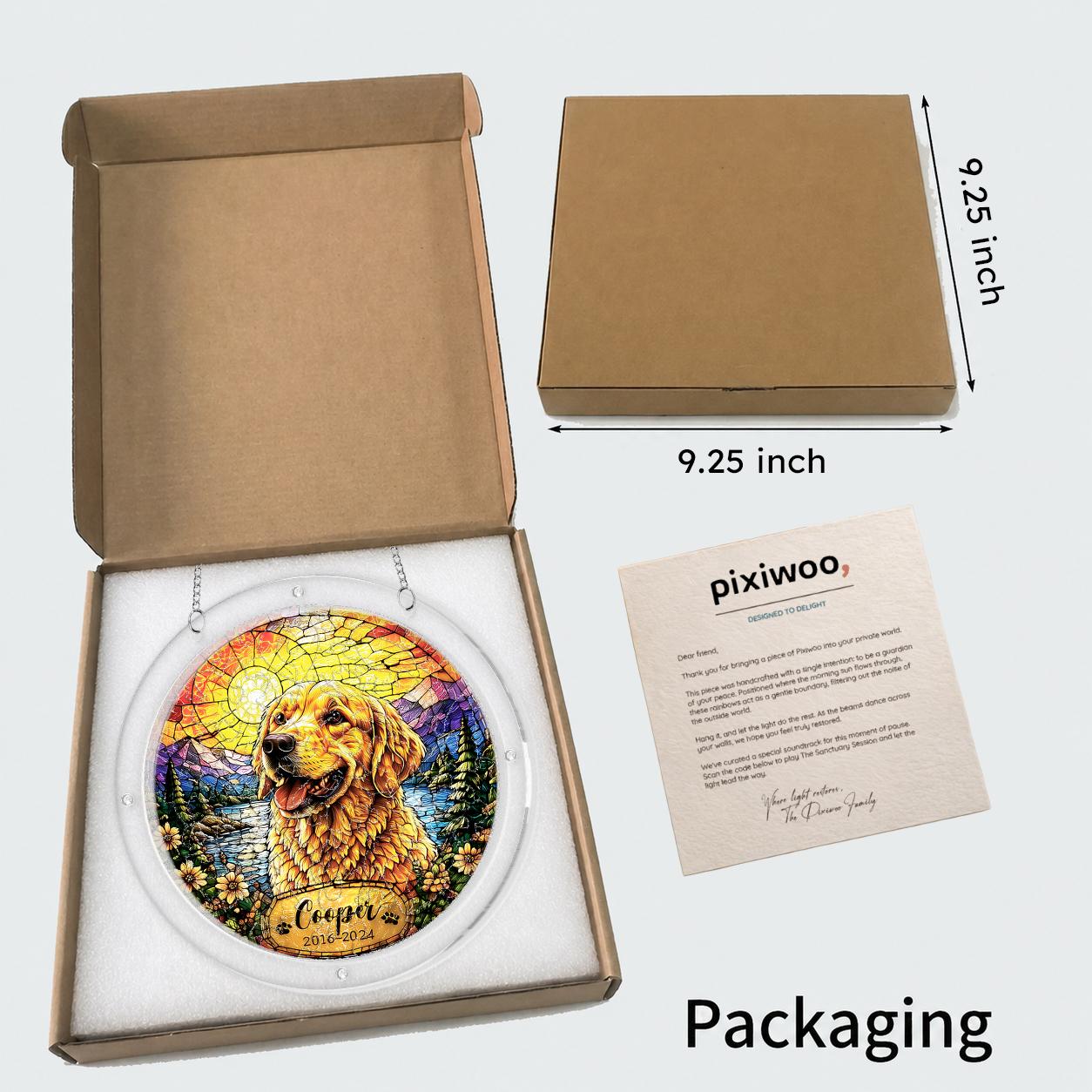 Golden retriever memorial puzzle suncatcher shown in its kraft gift box