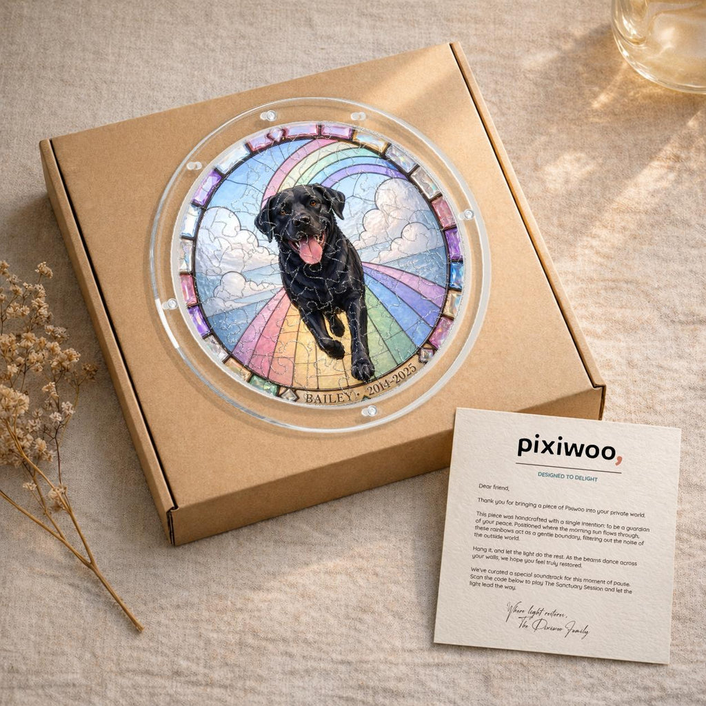 Black Labrador memorial puzzle suncatcher shown in its kraft gift box