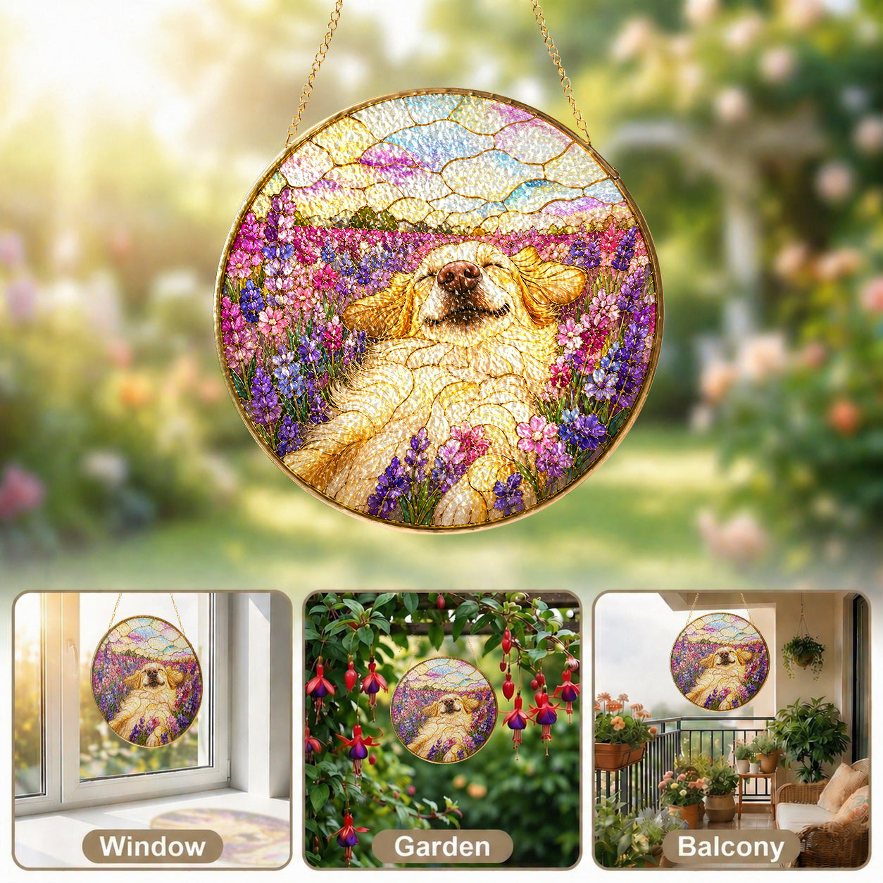Golden Pup in Lavender Field Suncatcher gift box packaging