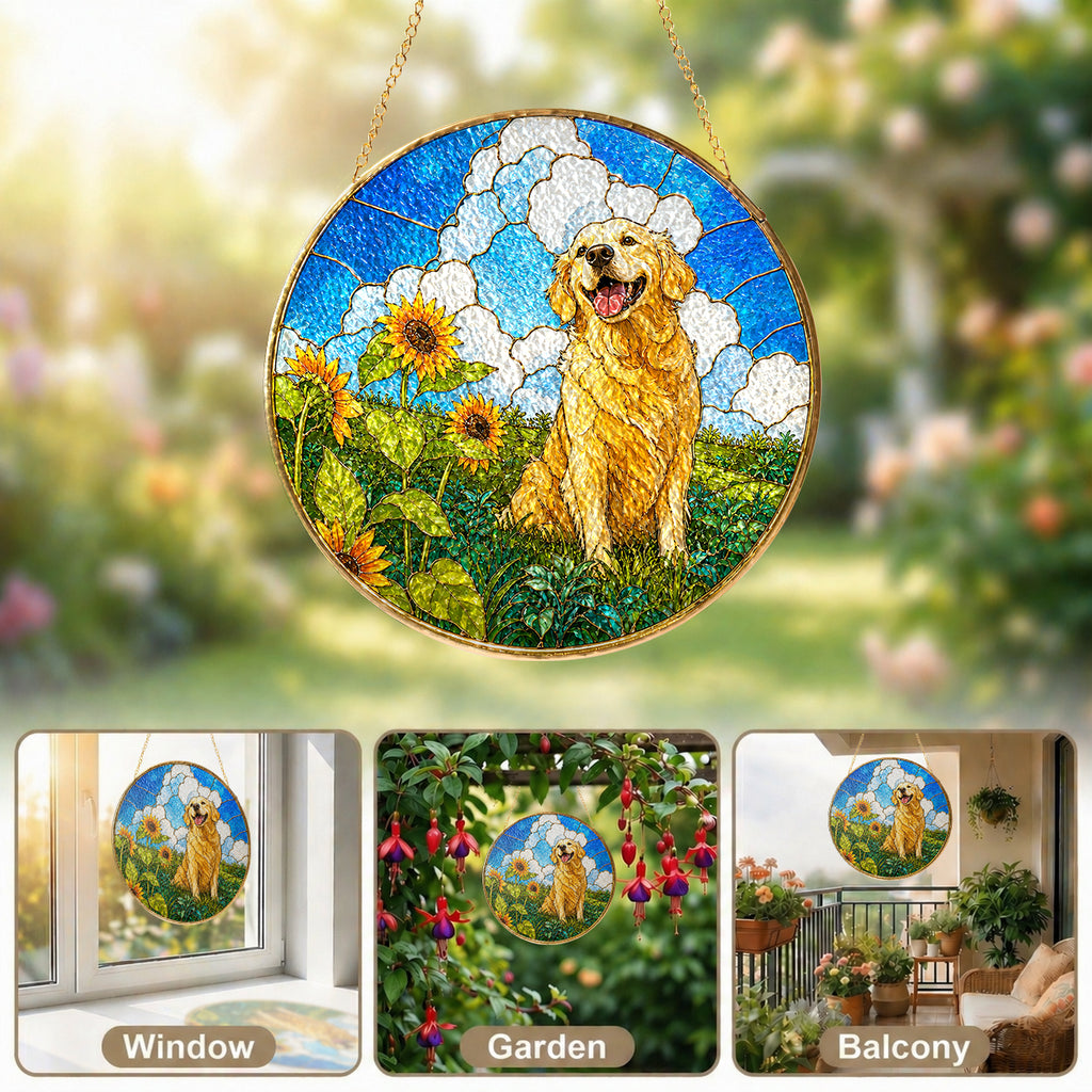 Golden Retriever Sunflower Field Suncatcher gift box packaging