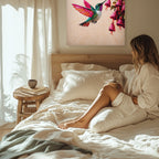 Canvas Wall Art Colorful Hummingbird Painting with Pink Flowers