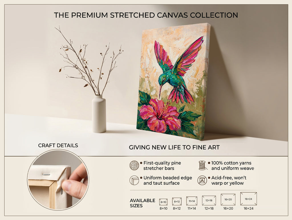 Hummingbird Canvas Wall Art Colorful Painting with Flower, Botanical Bird Prints for Living Room Bedroom Office