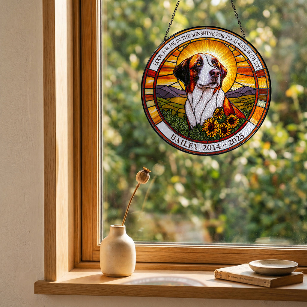 Dog memorial suncatcher hanging in a cozy sunlit window