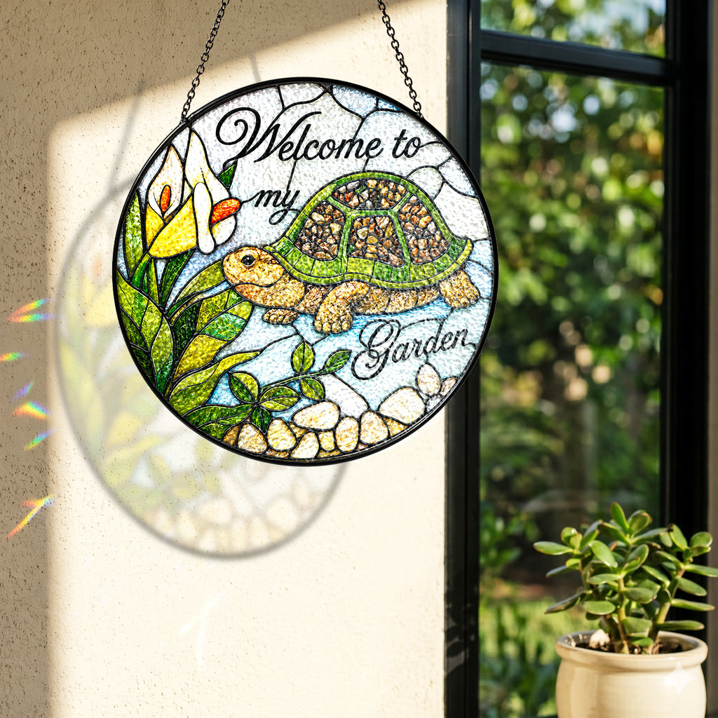 Welcome to My Garden Turtle Stained Glass Suncatcher