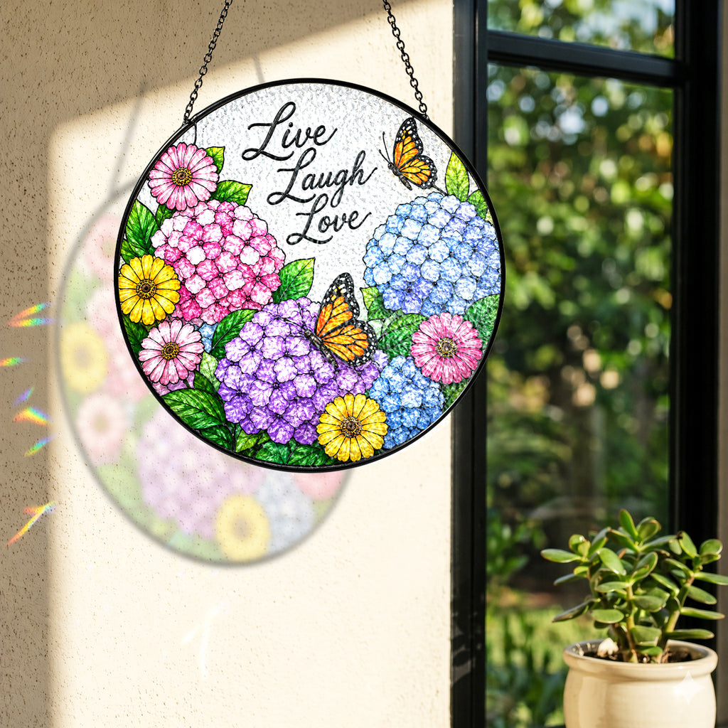 Live Laugh Love Floral Butterfly Stained Glass Suncatcher