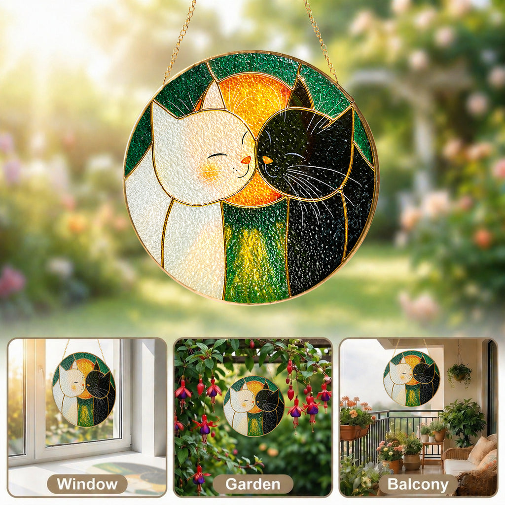 Cuddling cats stained glass suncatcher shown with its hanging chain