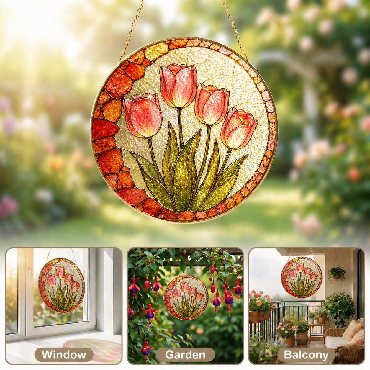 Pink tulip stained glass suncatcher shown with its hanging chain