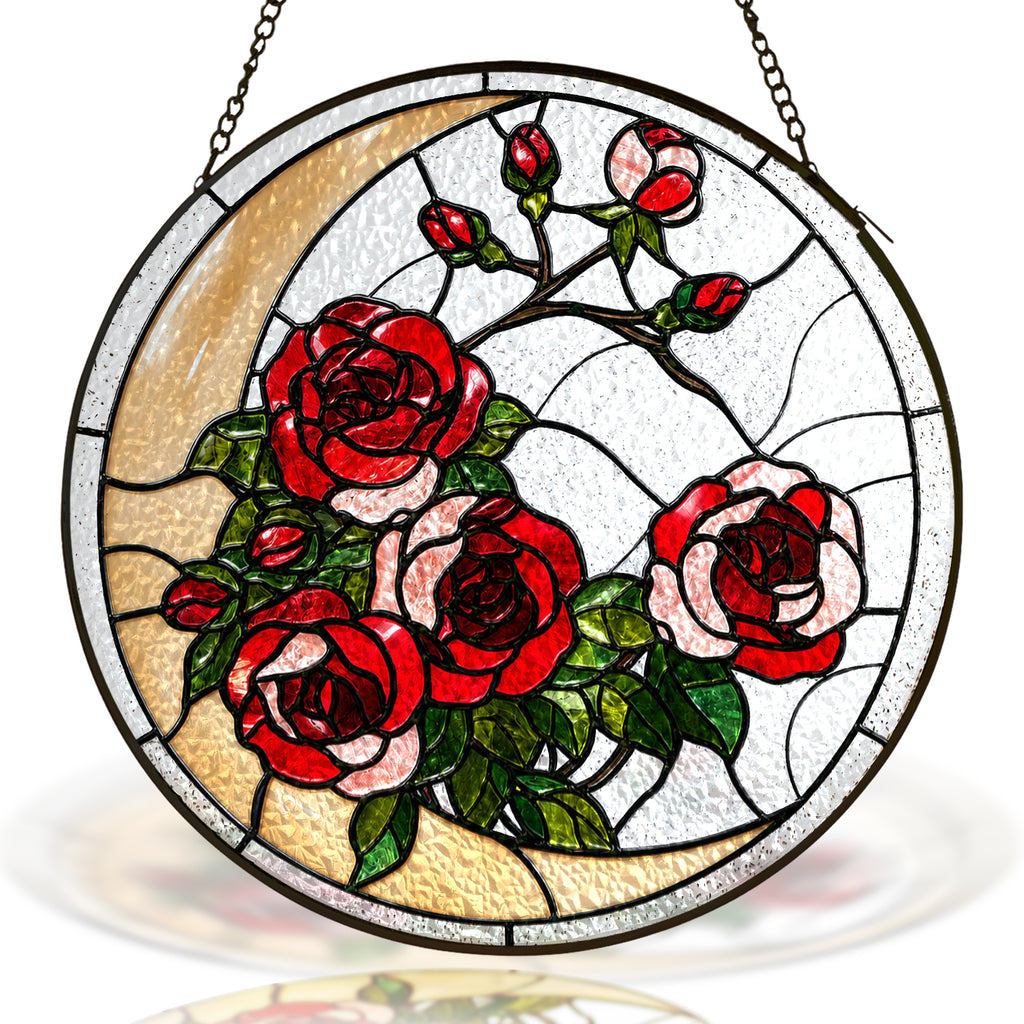 Red rose stained glass suncatcher with crescent moon and black frame on a white background
