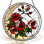 Red rose stained glass suncatcher with crescent moon and black frame on a white background
