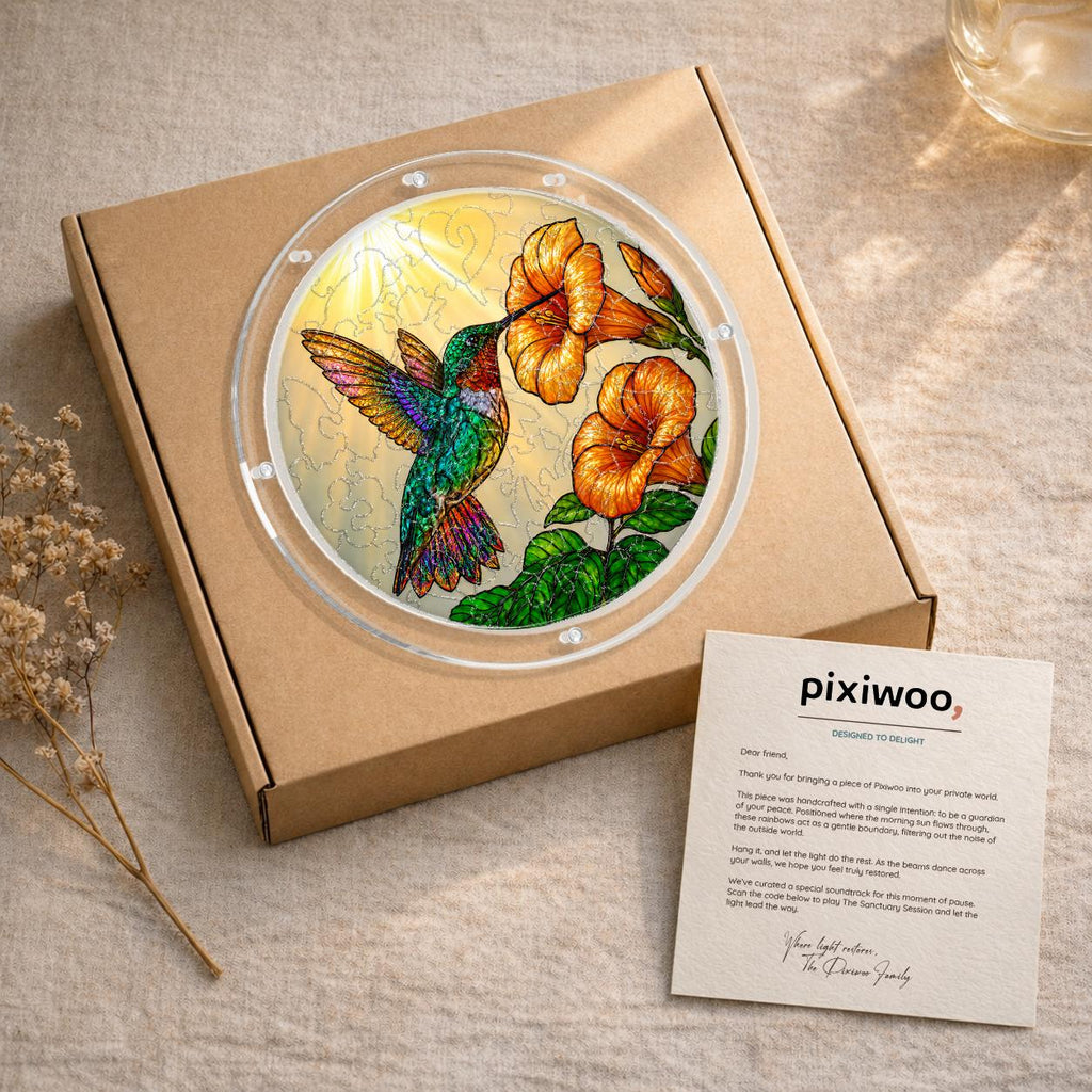 Hummingbird trumpet-flower puzzle suncatcher shown in its kraft gift box