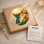 Hummingbird trumpet-flower puzzle suncatcher shown in its kraft gift box