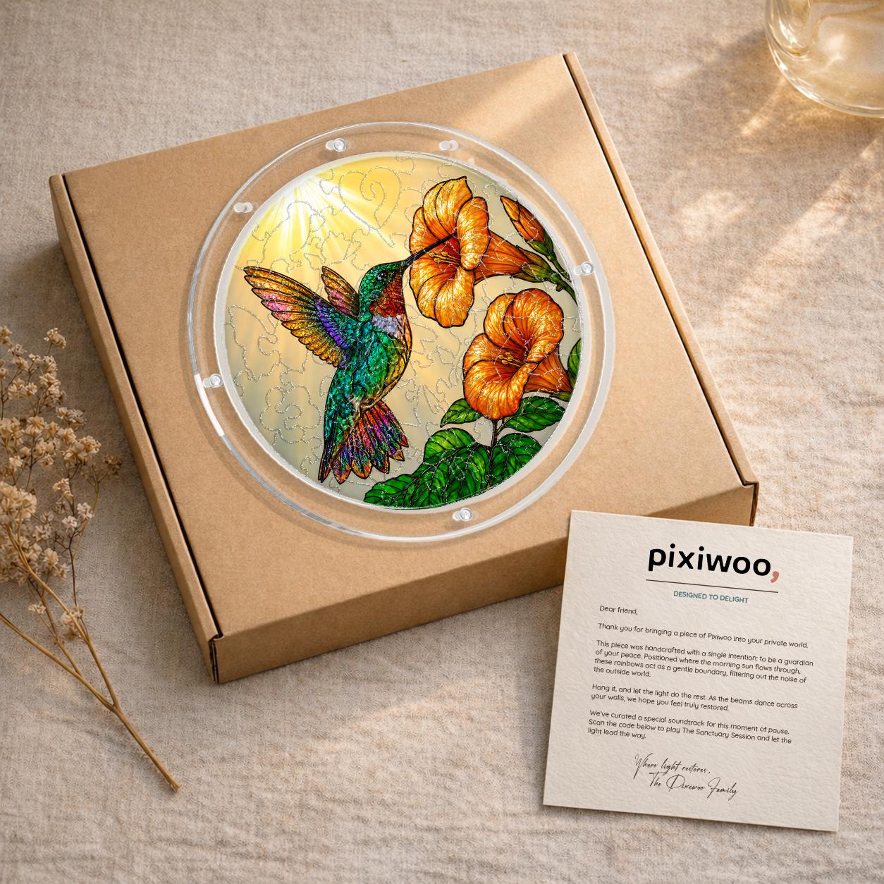 Hummingbird trumpet-flower puzzle suncatcher shown in its kraft gift box