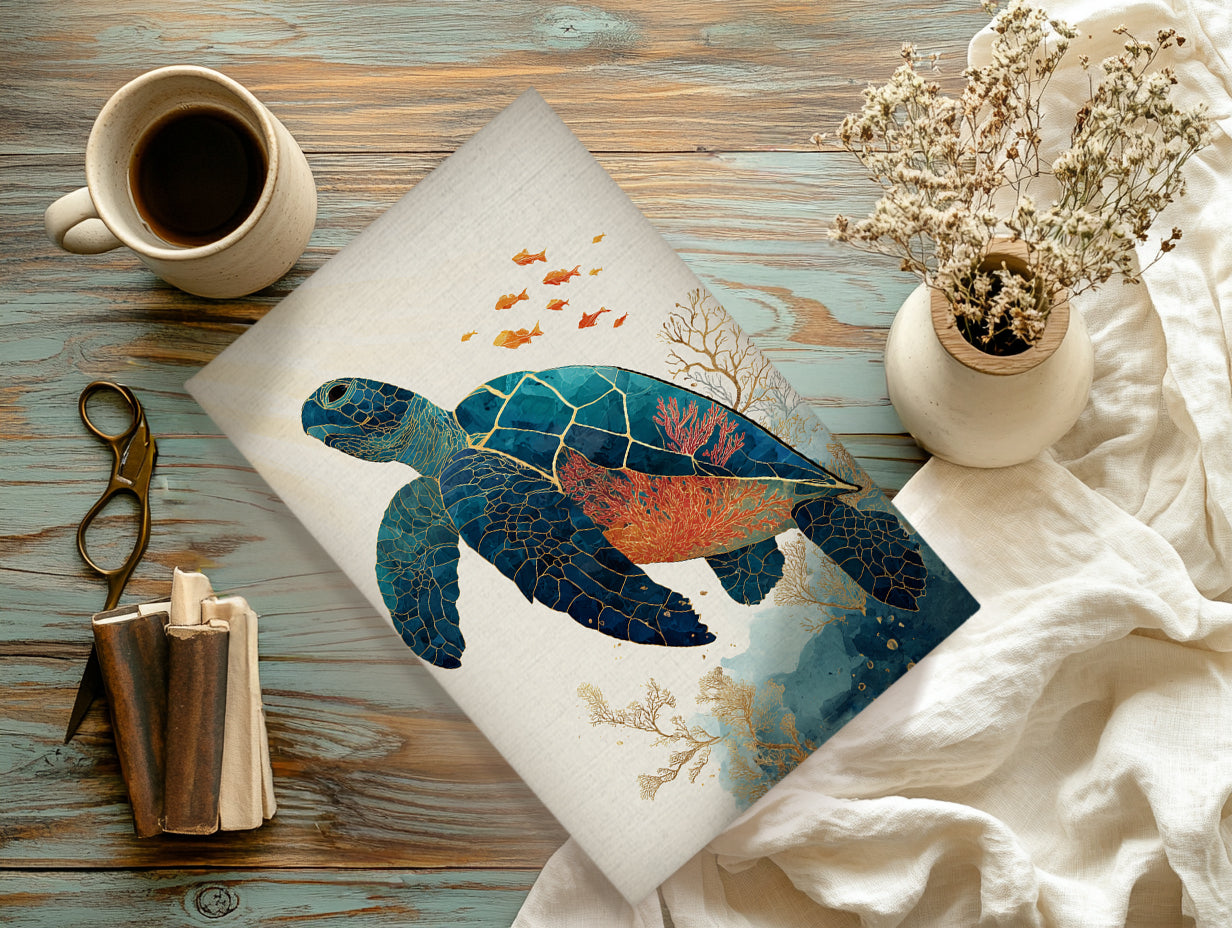 Sea Turtle Canvas Wall Art with Coral Reef and Gold Line Design