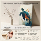 Sea Turtle Canvas Wall Art with Coral Reef and Gold Line Design