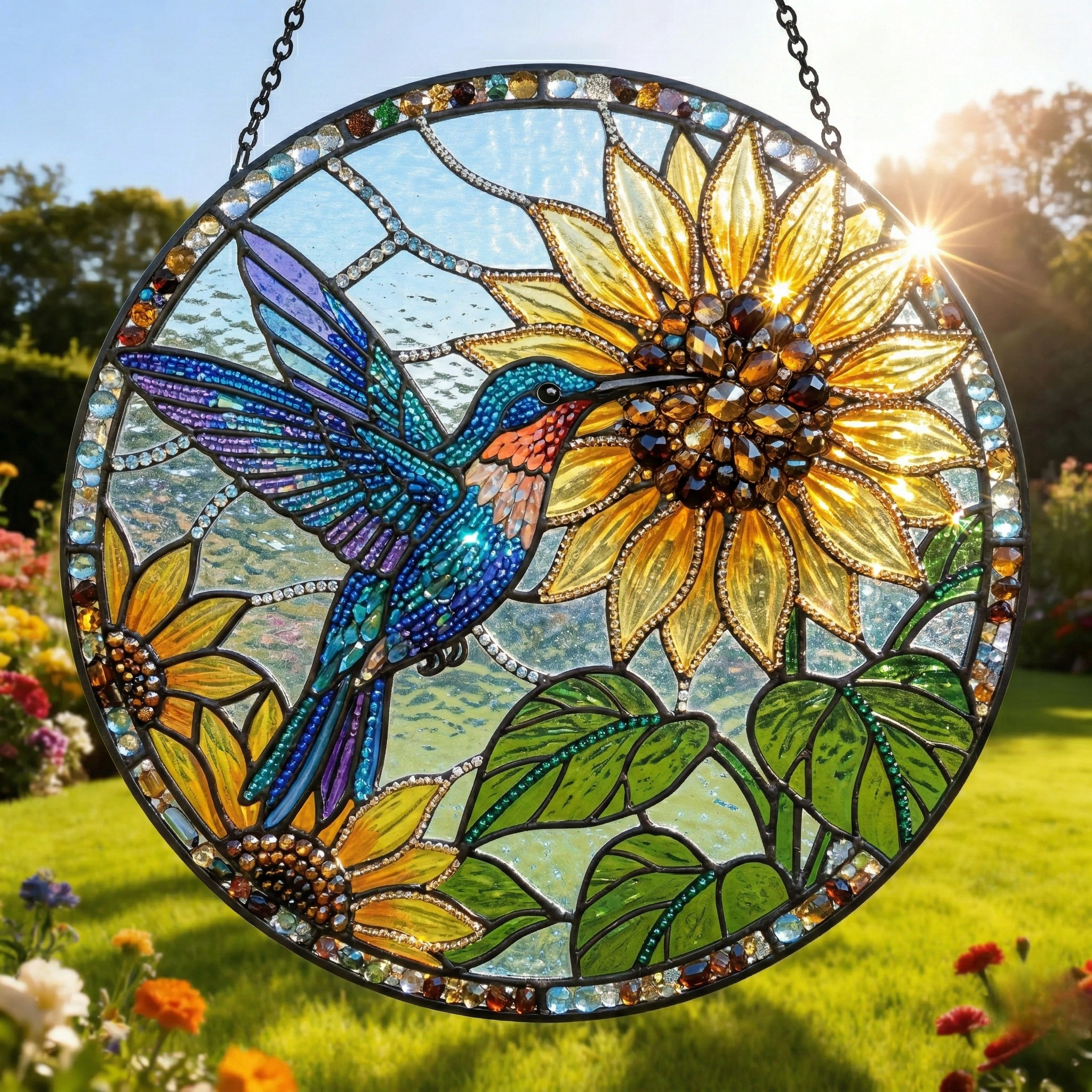 Hummingbird Sunflower Stained Glass Suncatcher with Colorful