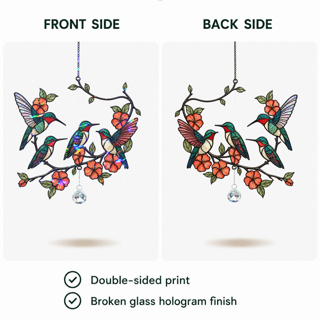 Double-sided print of a hologram arcylic suncatcher with hummingbirds and flowers on a white background.