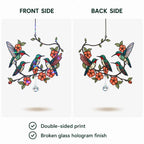 Double-sided print of a hologram arcylic suncatcher with hummingbirds and flowers on a white background.