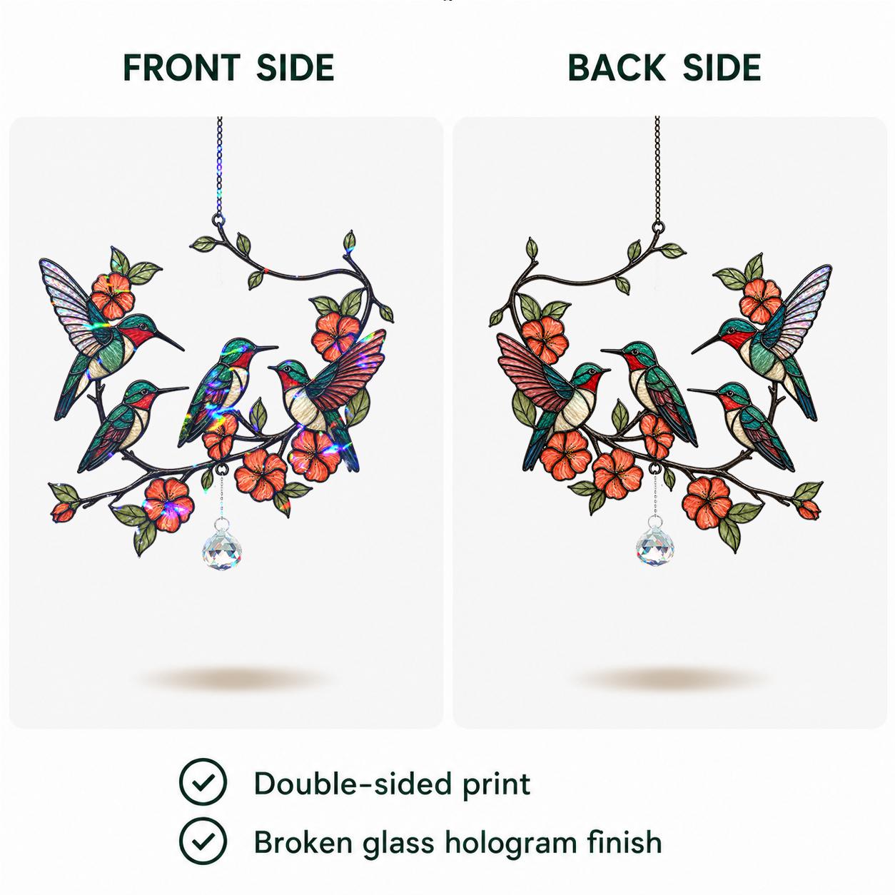 Double-sided print of a hologram arcylic suncatcher with hummingbirds and flowers on a white background.