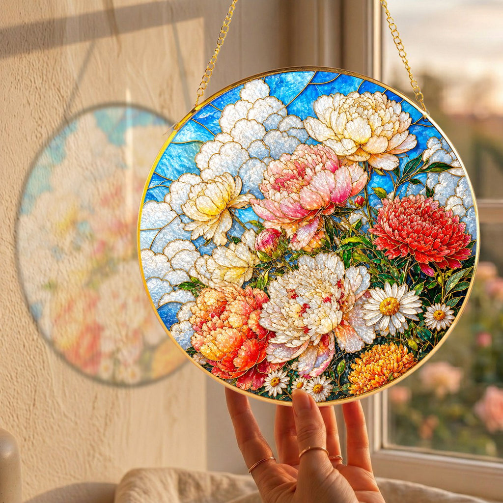 Peony Bouquet Stained Glass Suncatcher