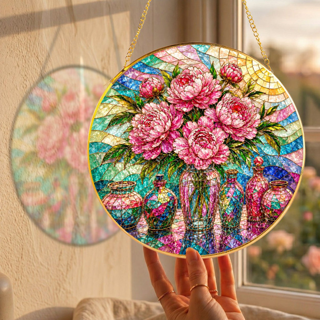 Pink Peony Stained Glass Suncatcher