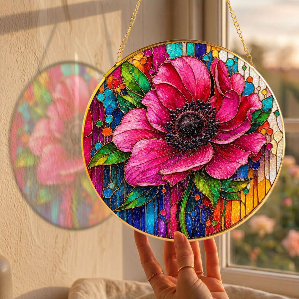 Pink Anemone Floral Stained Glass Suncatcher