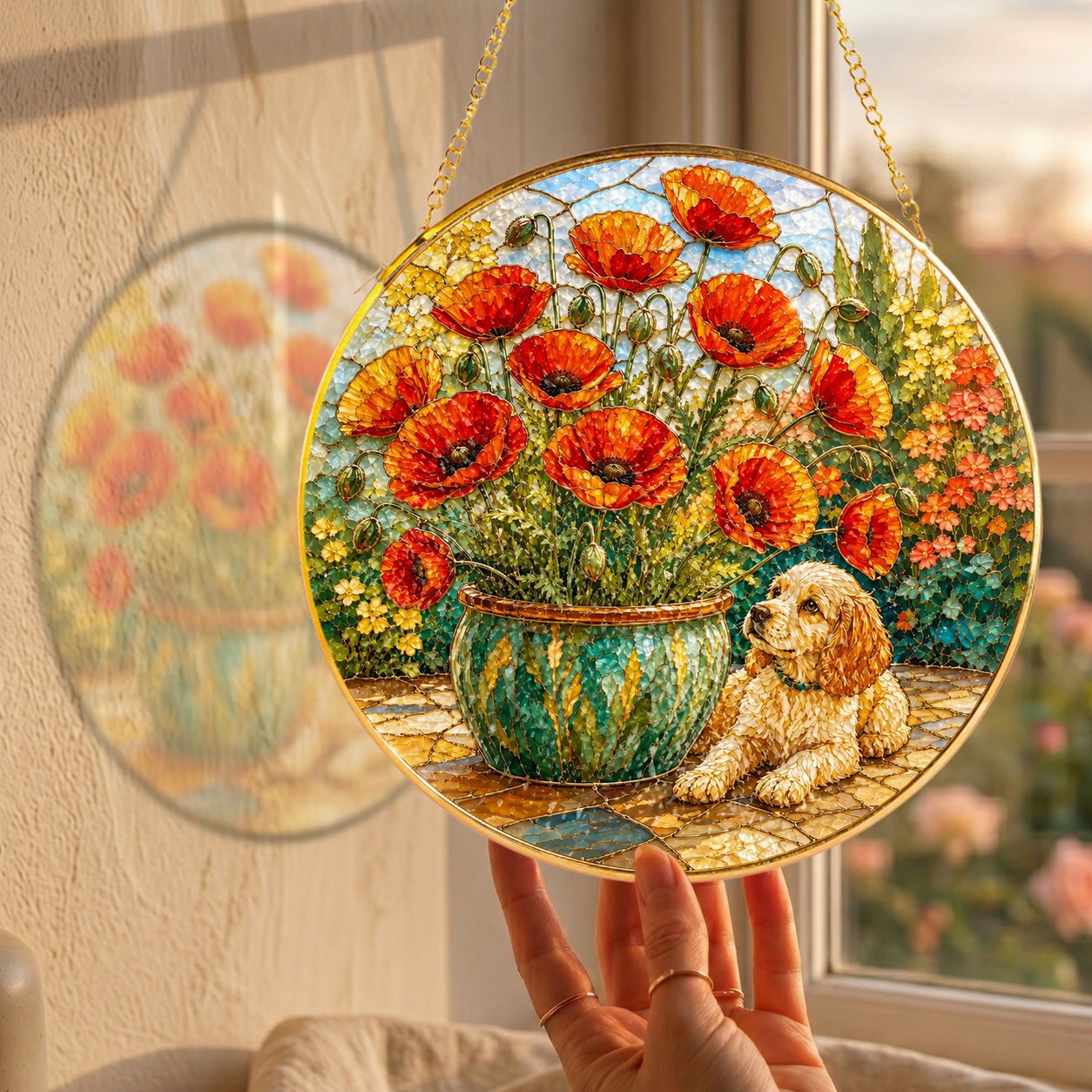 Poppy and Puppy Stained Glass Suncatcher
