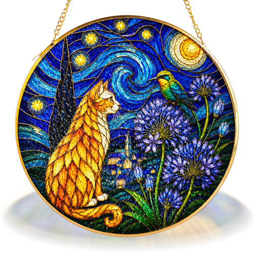 Starry Night Cat Stained Glass Suncatcher