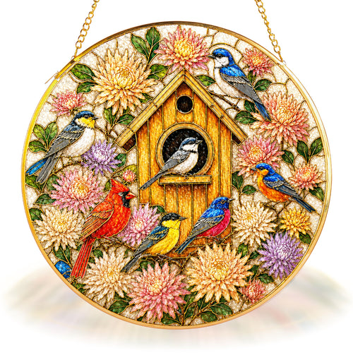 Birdhouse Birds Stained Glass Suncatcher