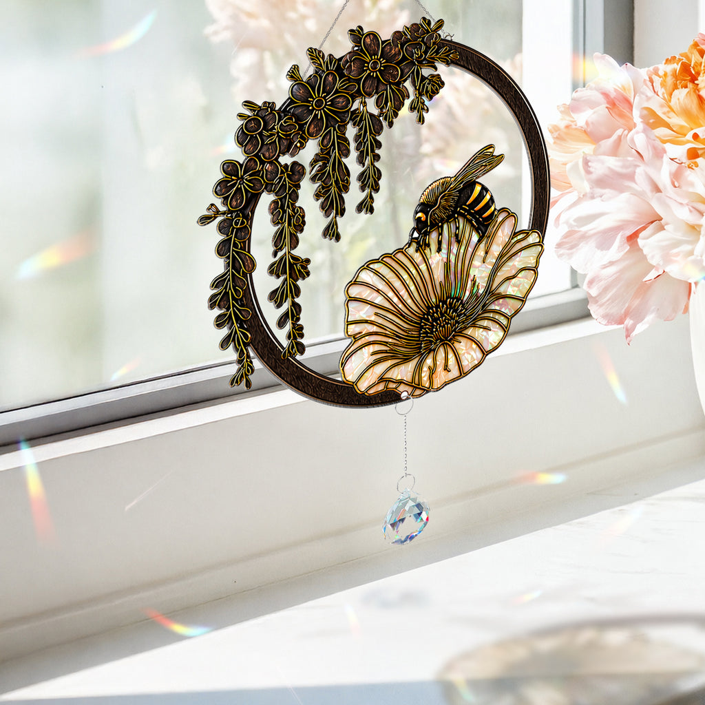 Bee Stained Glass Suncatcher with Flower and Crystal