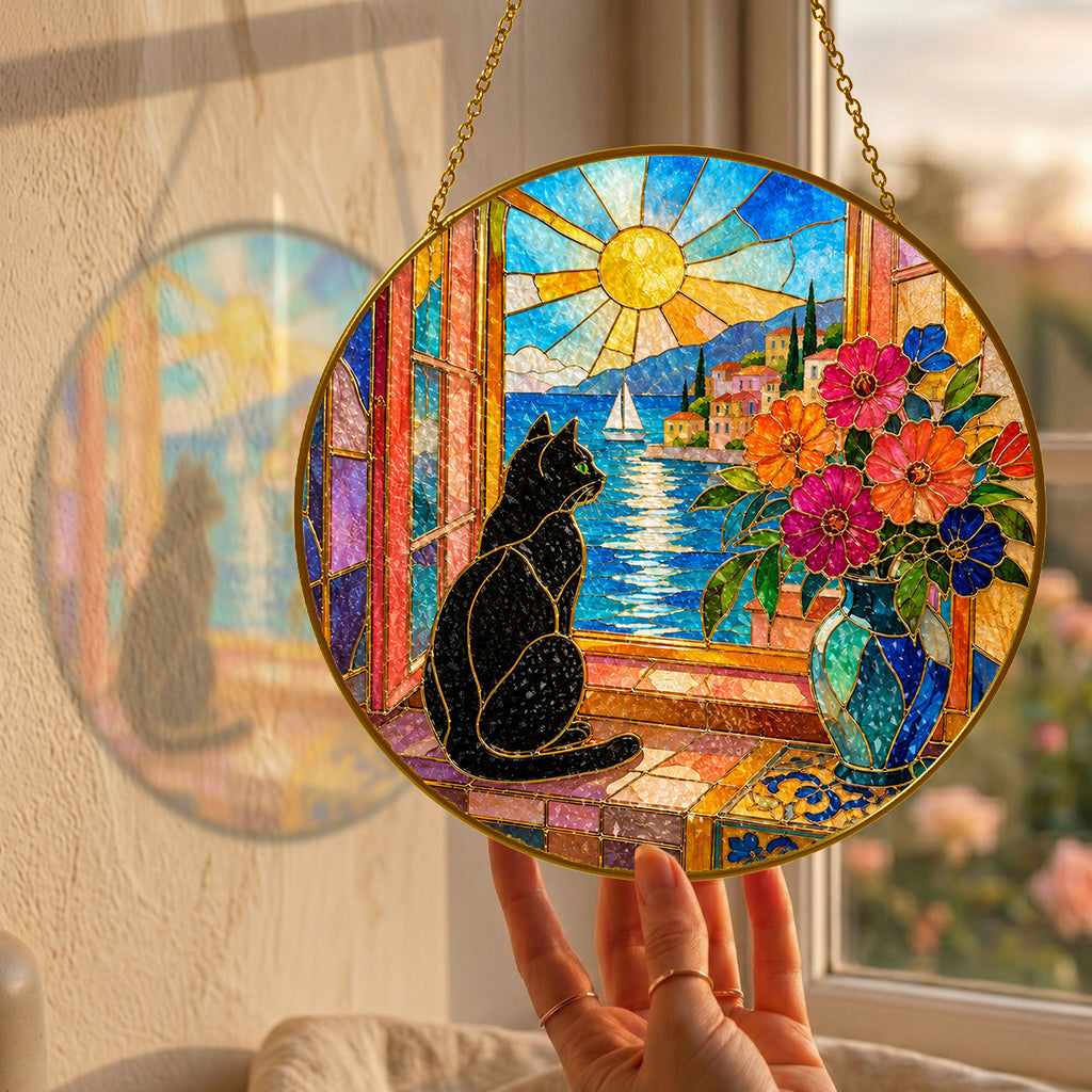 Black Cat & Seaside Window Stained Glass Suncatcher