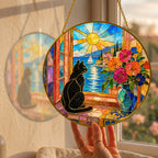 Black Cat & Seaside Window Stained Glass Suncatcher