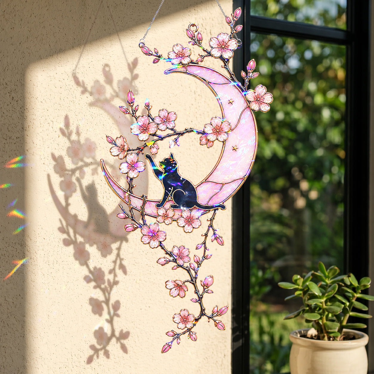 Black Cat & Cherry Blossom Moon Holographic Acrylic Suncatcher
