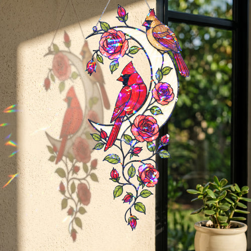 Cardinal Pair & Roses Crescent Moon Holographic Acrylic Suncatcher